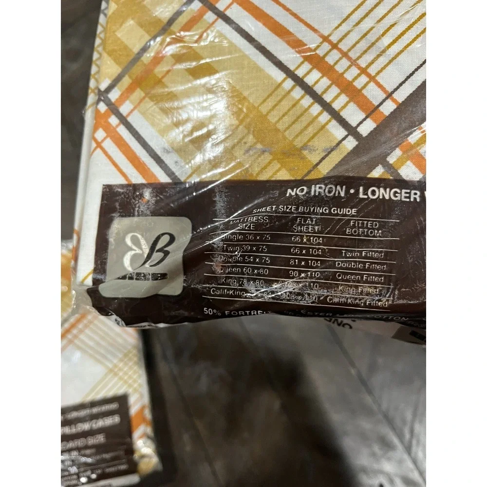 Vintage Bibb Double Flat Sheet 2 Pillow Cases Brown Gold Orange Geo Line MCM NOS